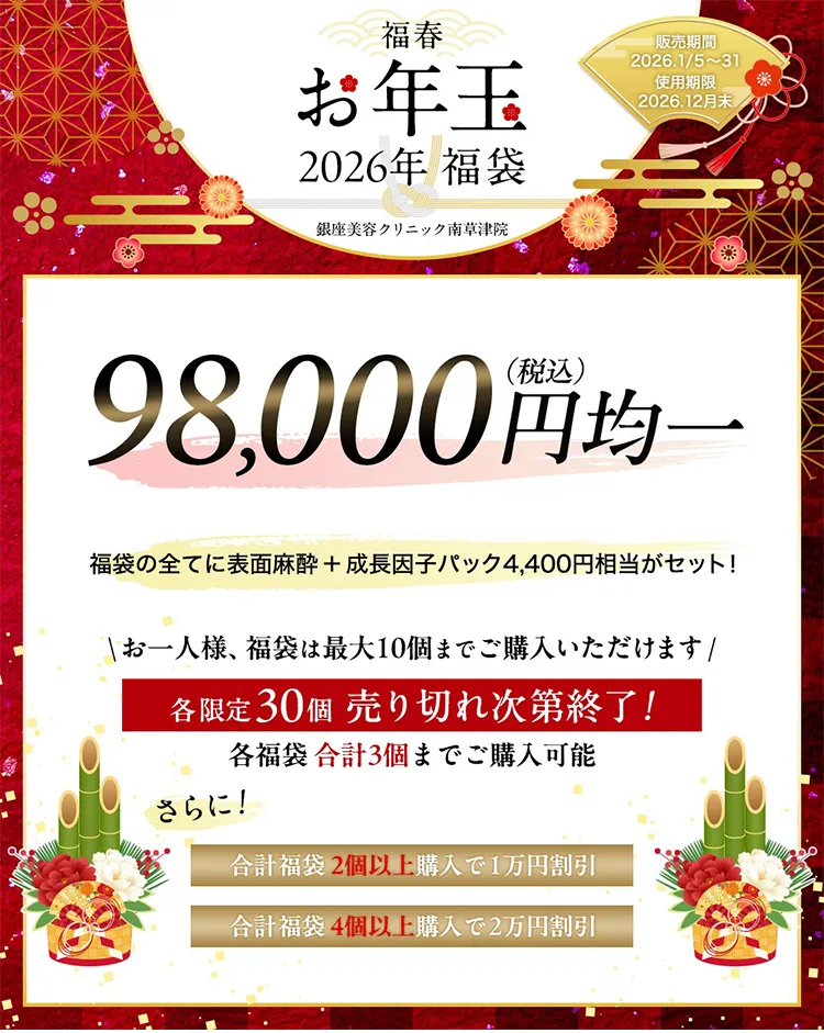 銀座美容クリニック京都院 2026年お年玉福袋。全て98,000円均一で、表面麻酔と成長因子パック付き。各福袋30個限定、まとめ買い割引あり。