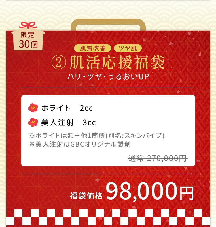 肌活応援福袋の内容紹介。ボライト2本と美人注射3本がセットで、肌質改善やツヤ肌、ハリとうるおいアップを目的とした福袋。通常価格281,400円相当が98,000円で提供。