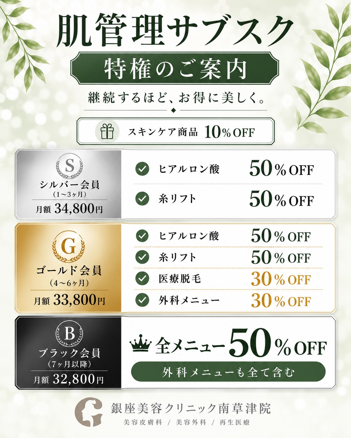 南草津院 肌管理サブスク特権のご案内